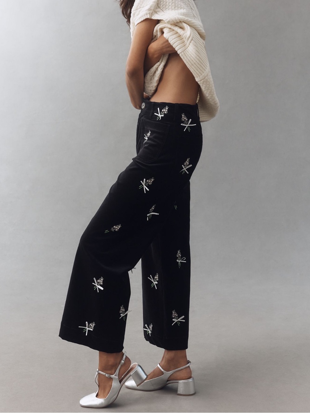 Anthropologie Colette Pants Maeve Cropped Wide Leg Embroidered New Black Velvet